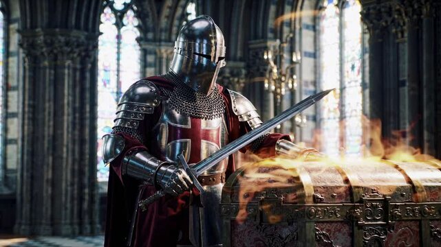 Knight Templar Guarding Treasure Chest with Drawn Sword Inside Ancient Church Medieval History Concept 4K Video