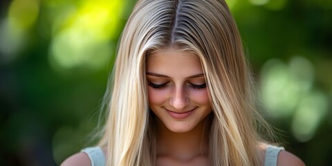 Naklejka premium Beautiful Blonde Woman Outdoors Smiling Softly