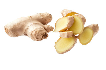 Fototapeta premium Piece of ginger root is cut in half and placed on a white background, isolated