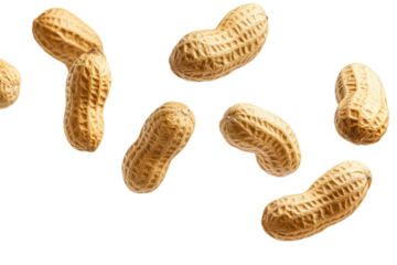 Bunch of peanuts are flying through the air, isolated