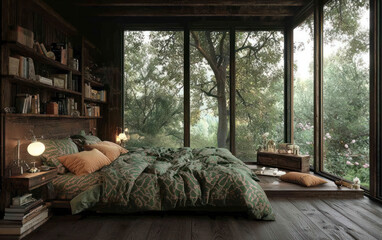 Rustic Bedroom with Dark Green Floral Bedding and Forest View