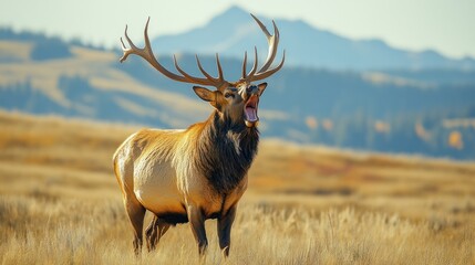 Fototapeta premium Majestic Elk Bugling in Mountain Meadow Autumn