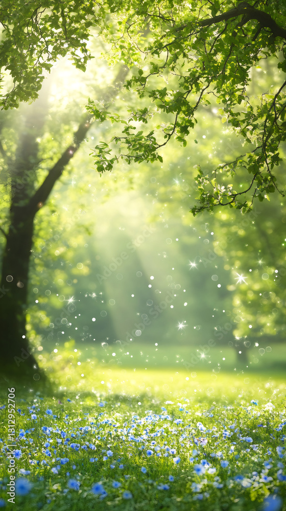 Poster sunlight streaming through lush trees illuminates a picturesque meadow adorned with vibrant blue flo