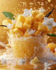 Frozen mango and vanilla explosion with splashing cream and flowers