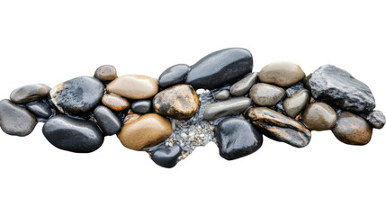 Wet pebbles and stones forming a line on transparent background