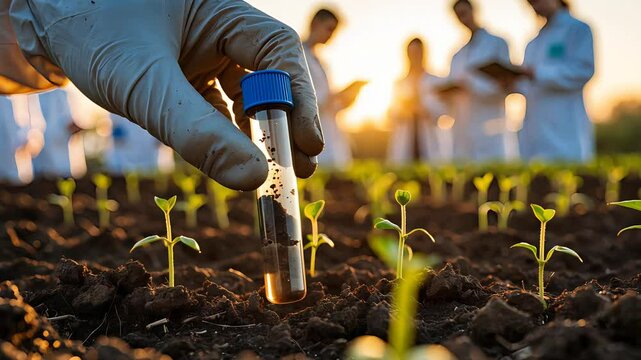 Scientist analyzing soil samples in agricultural field during sunset