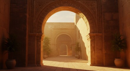 Moroccan riad courtyard with ornate arched doorway at sunset. Traditional Islamic architecture. Warm golden light. Peaceful oasis in medina. Travel destination.