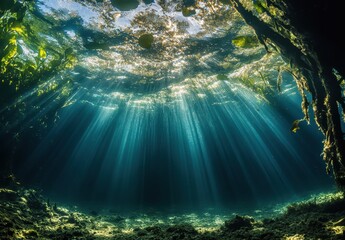 Obraz premium Breathtaking Underwater Scene with Sunlight Rays Illuminating the Ocean Floor and Aquatic Plants, Capturing the Serenity of Nature's Hidden Depths