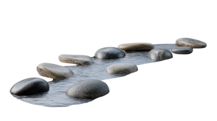 Stepping stones crossing water stream with transparent background