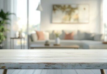 Bright and Airy Living Room with a Rustic Wooden Table and Soft Pastel Accents in a Modern Home Setting