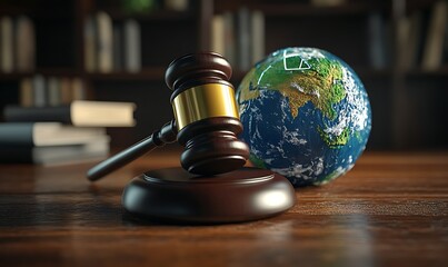 Gavel and Earth Globe on Wooden Table in Library Setting