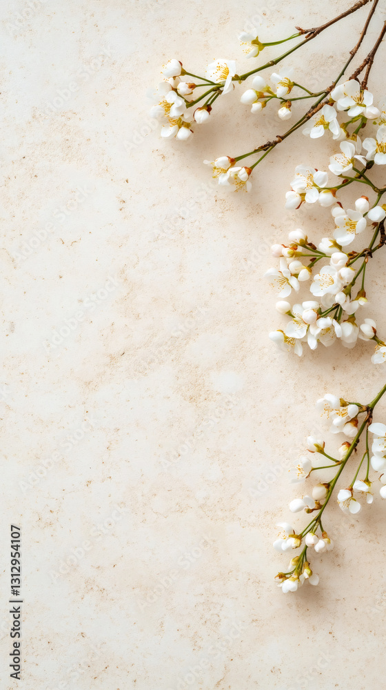 Poster Spring flowers branches lying on neutral beige textured background creating beautiful floral composition with copy space