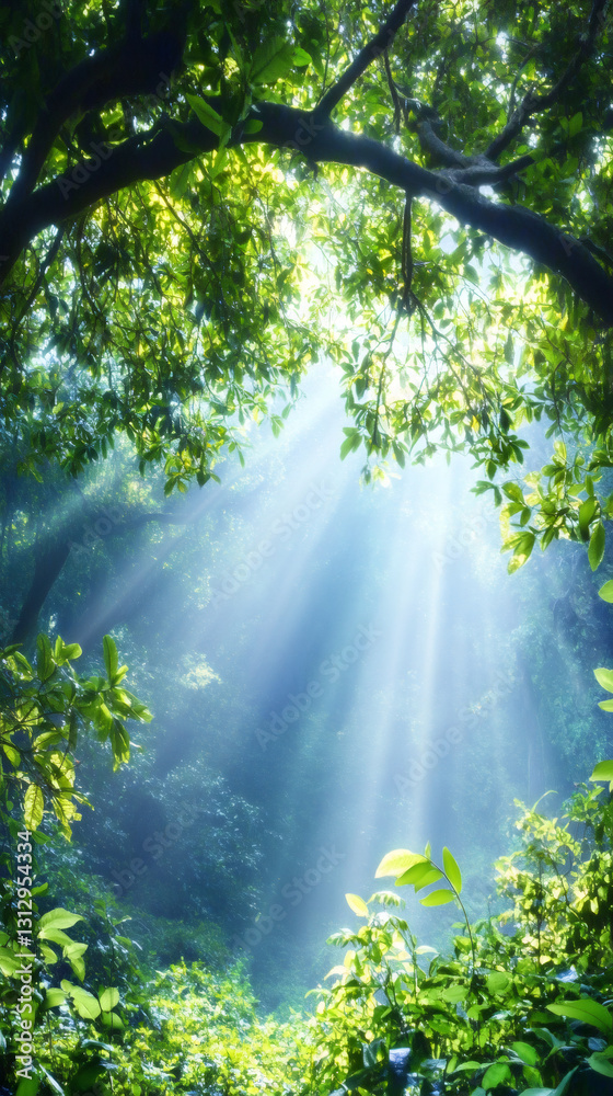 Poster bright sunlight streaming through verdant forest canopy, casting golden rays and creating ethereal w