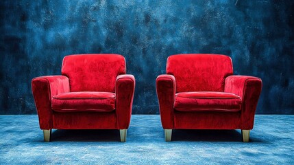 Empty indoor cinema featuring two stylish red armchairs and a modern sofa showcasing elegant furniture design perfect for relaxation and comfort