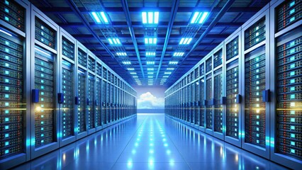 Fototapeta premium A server room filled with rows of humming servers and racks storing data storage devices , cloud computing, data center