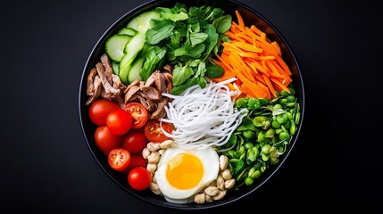 Colorful and healthy Asian-inspired rice noodle bowl with various vegetables, meat, and a fried egg.  Perfect for a balanced meal!