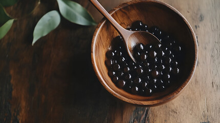 Black tapioca pearls or boba in wooden bowl with spoon, Ingredient in bubble tea.