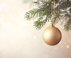 Christmas hanging golden shiny bauble on fir snowy branch on beige background. Xmas greeting card. New Year concept.