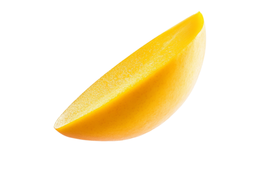 Slice of yellow mango is shown in the air, isolated