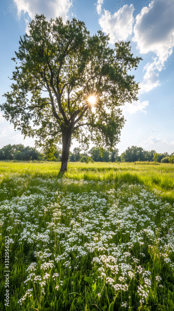 Poster Sunlight streaming through a tree in a vibrant field of blooming flowers beneath a backdrop of a cloudy blue sky