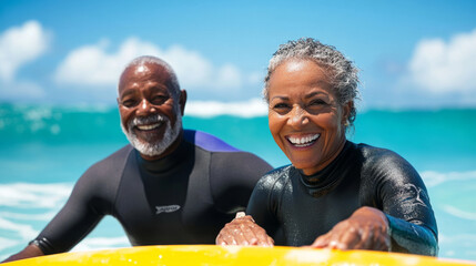 Retired couple enjoying surfing lessons at the beach during their lively vacation by the sea