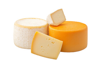 Close up of a few different types of cheese, including a yellow one, isolated