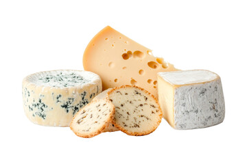 Variety of cheeses are displayed on a white background, isolated