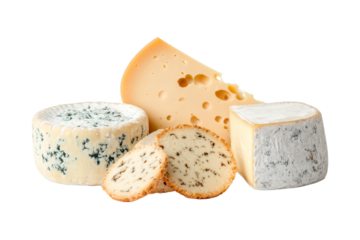 Variety of cheeses are displayed on a white background, isolated