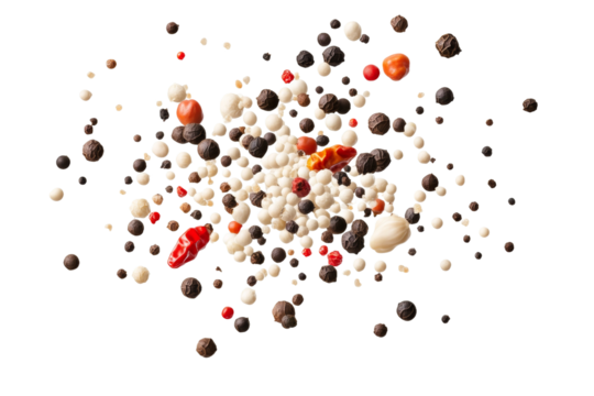 Bunch of different colored spices are scattered all over the image, isolated