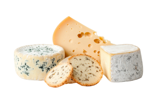 Variety of cheeses are displayed on a white background, isolated