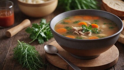 Hearty Soups with Fresh Herbs on Rustic Wooden Table | Homestyle Cooking & Comfort Food Imagery