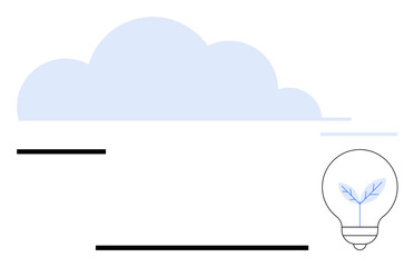 Cloud shape with lines and light bulb containing sprouting plant symbolizing sustainability, growth, and creativity. Ideal for innovation, eco-friendly ideas, technology, environment, brainstorming