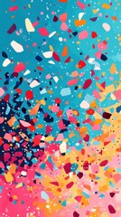 Colorful abstract artwork featuring scattered geometric shapes and specks