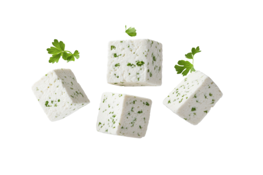 Four cubes of cheese with parsley on top, isolated