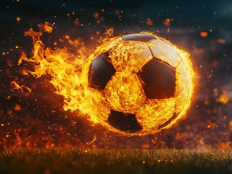 Team is on fire. Burning flame ball on fire on a field,the frenzied energy of the sport, the power of impact, love of fans.
