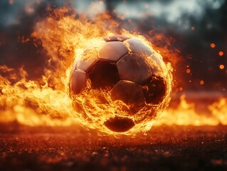 Fototapeta premium A burning ball bounces across a green football field. Team is on fire ,the frenzied energy of the sport, the power of impact, love of fans.
