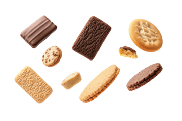 Variety of cookies are shown in the air, isolated