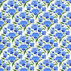 Bezszwowy wzór w niebieskie bratki. Ręcznie rysowane kwiaty z zielonymi liśćmi  na jasnym tle. © Monika