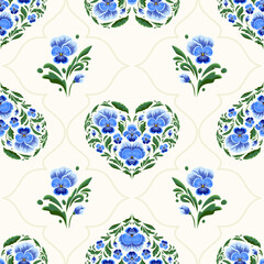 Bezszwowy wzór w niebieskie bratki. Ręcznie rysowane kwiaty z zielonymi liśćmi  na jasnym tle. © Monika