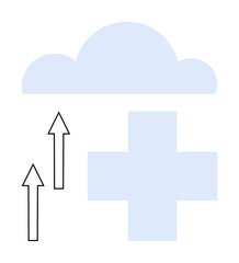 Cloud above a medical cross with upward arrows representing data upload. Ideal for health technology, telemedicine, digital transformation, cloud storage, medical data, innovation, flat simple