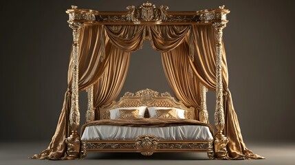 A royal four-poster bed with gold filigree accents, plush silk drapes, and ornate carvings on an isolate background