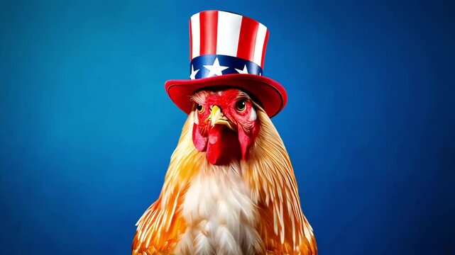Chicken in an American Uncle Sam Hat on a Blue Background with Space for Copy
