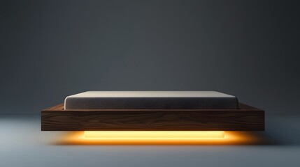 A sleek, floating platform bed made of dark walnut wood with a hidden lighting system underneath on an isolate background
