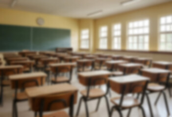 Blurred empty classroom with vintage wooden chairs and desks. Nostalgic, classic school setting with a warm, timeless feel.