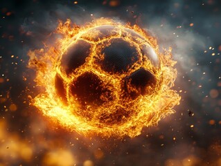Obraz premium Team is on fire. Burning flame ball on fire on a field,the frenzied energy of the sport, the power of impact, love of fans.