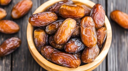 Obraz premium Sweet Medjool Dates in Wooden Bowl, Closeup