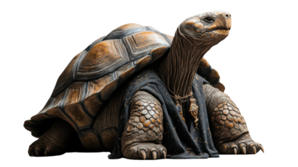 Giant tortoise wearing medieval monk clothes on transparent background