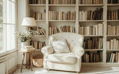Sunlit Reading Room with Antique Books and Cream Armchair
