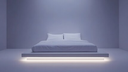 A modern minimalist bed with a low platform frame, crisp white bedding, and soft ambient lighting on an isolate background