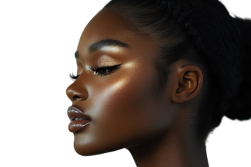 Woman showcasing elegant makeup with highlighted features and striking contours against a minimalist background